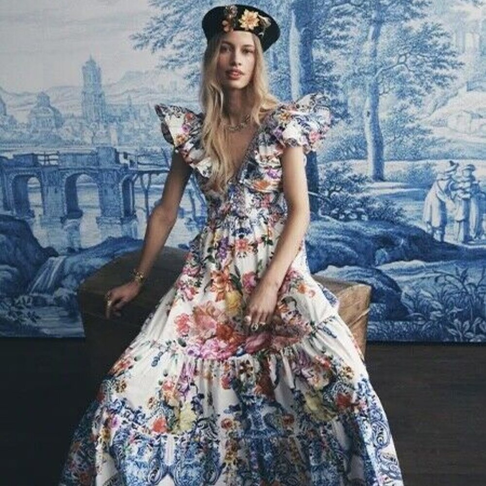 CAMILLA "Dutch Is Life" Tiered Frill Cotton V-Neck Open Back Maxi Dress, L $899